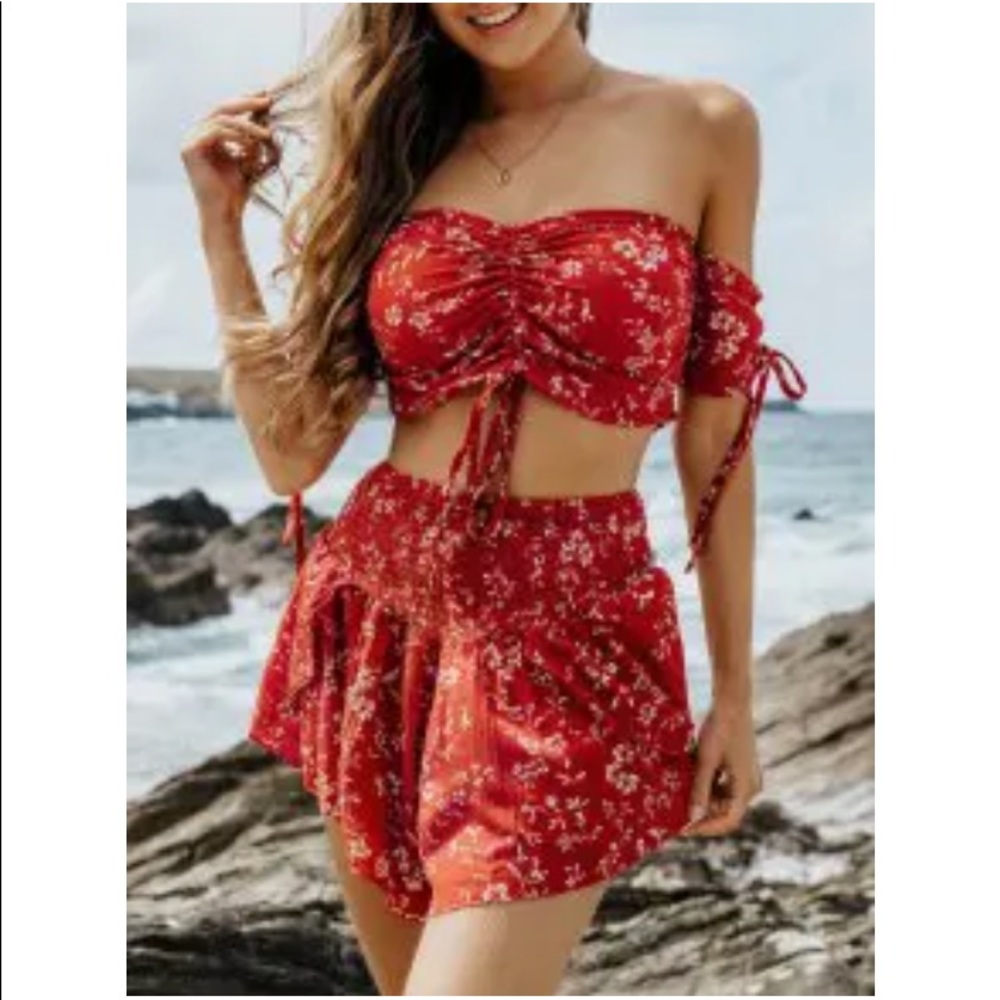 zaful red cinched floral set